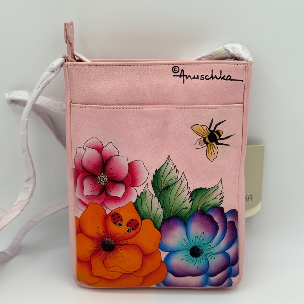 Anuschka Hand-Painted Leather Crossbody Bag – Floral Garden with Bees & Ladybugs